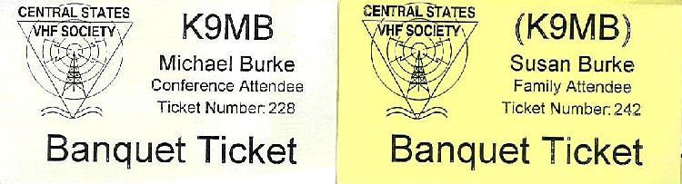 Serialized banquet tickets generated from the database. White for Society members, yellow for others.  Parens around calls denotes unlicensed associated other.  The tickets were collected upon entering the banquet area and then used for door prize drawing.