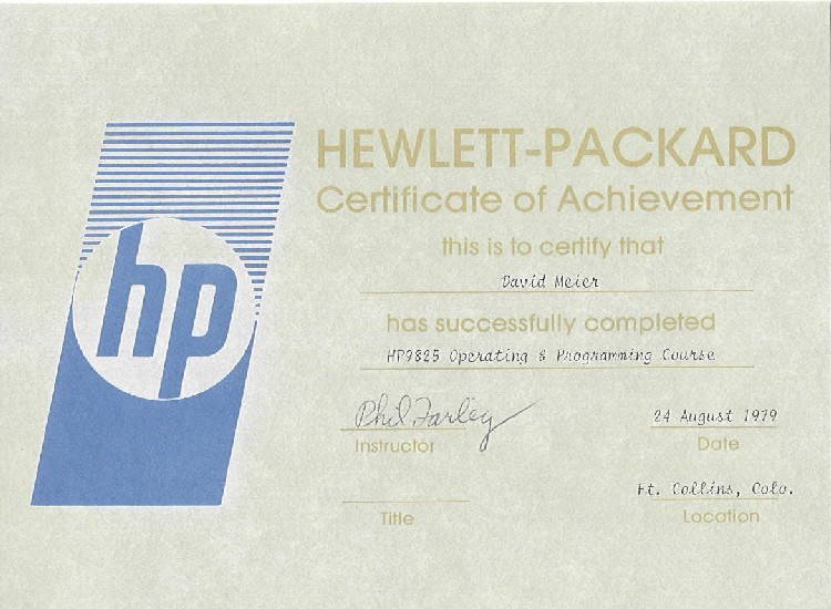 My HP9825 Operating & Programming Course Certificate of Achievement - August 1979